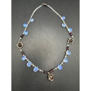 Vintage Estate Sterling Silver Blue Glass Beads & Garnet Accent Beaded Necklace